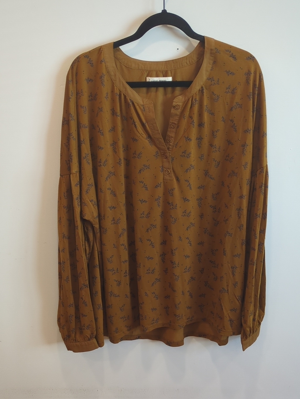 Western Cottage Boho Lucky Brand Cognac Brown Mustard Yellow Floral Blouse XXL